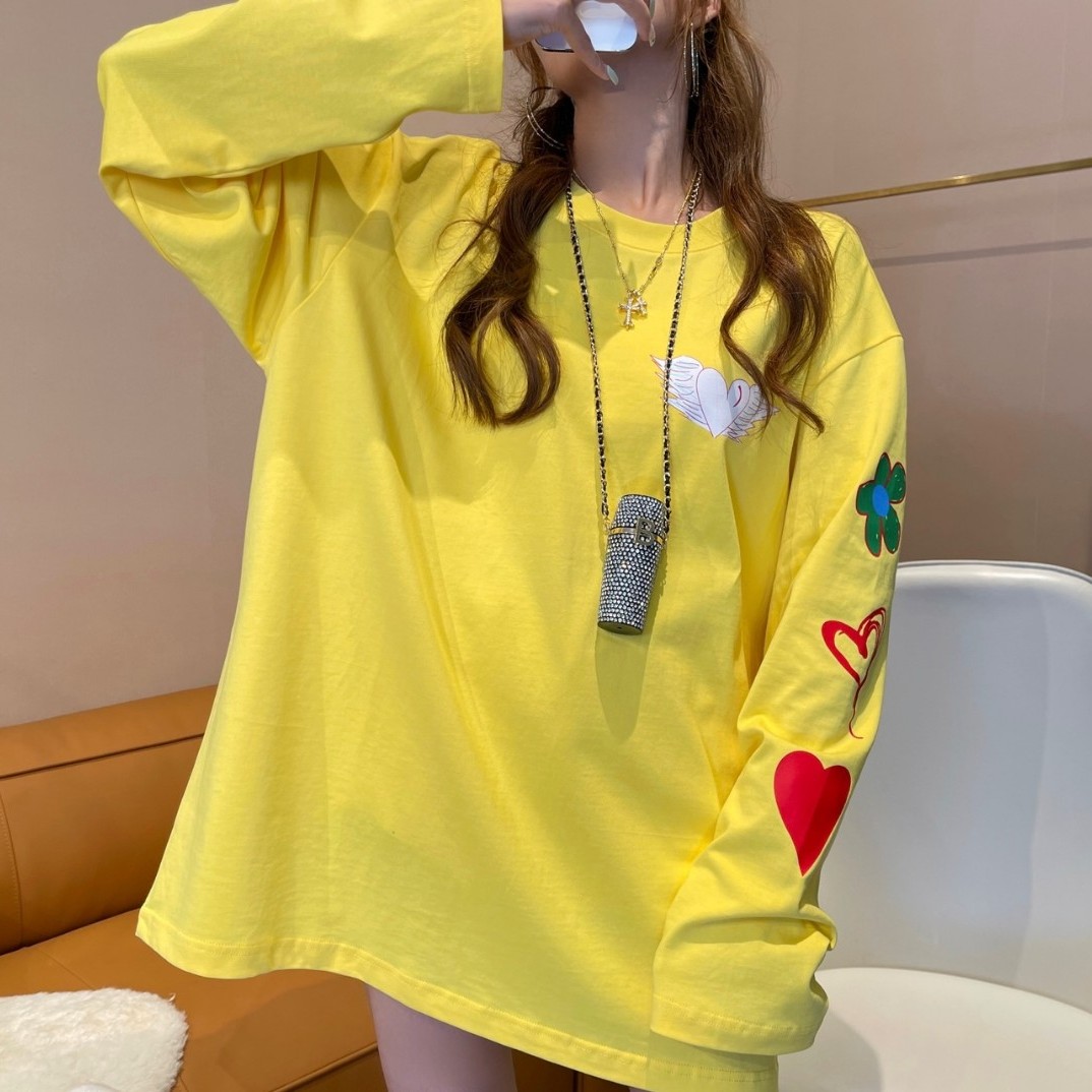 【在逃公主】长袖T恤休闲时尚百搭套头圆领双袖印花长袖T恤07-22163