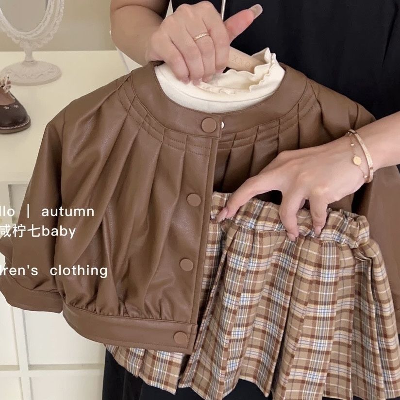 女童套装女宝宝时髦皮衣洋气打底衫甜美百褶裙三件套百搭翻领时尚