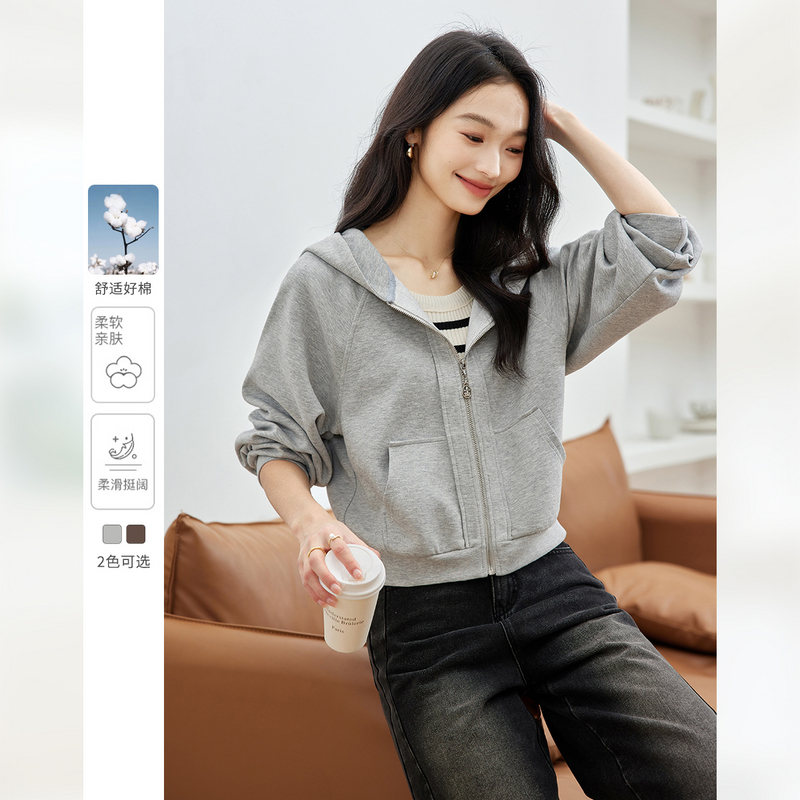 *梵希蔓简约通勤连帽卫衣短外套女新款慵懒宽松开衫上衣M8575