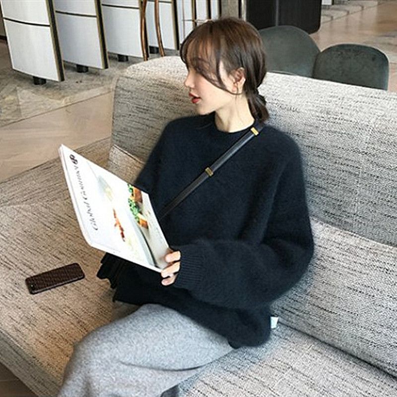 水貂绒毛衣女秋冬黑色新款套头宽松慵懒外穿加厚打底针织软糯上衣