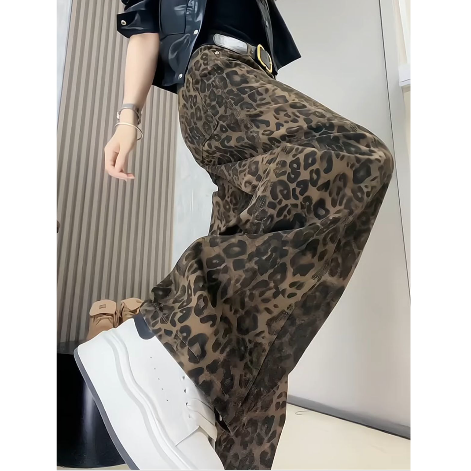 欧货豹纹牛仔阔腿裤女2024秋季高腰宽松显瘦弯刀裤高个子拖地长裤