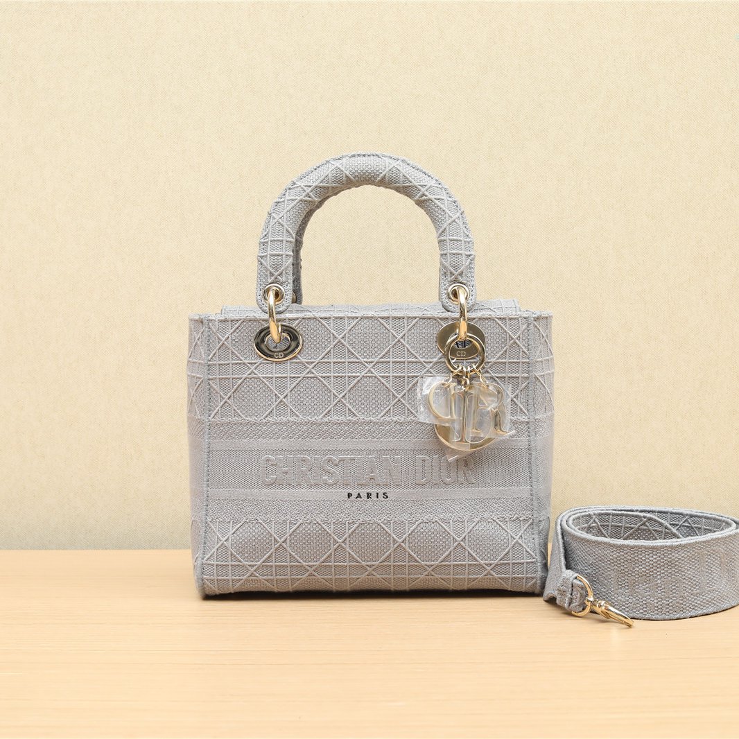 95新 DIOR/迪奥 D-Lite 中号 刺绣单肩包 灰色 帆布P221859632