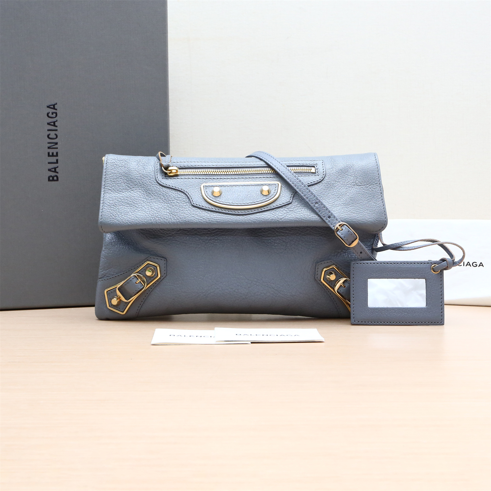 99新 Balenciaga/巴黎世家 口盖机车包 灰色 皮革S P234140514