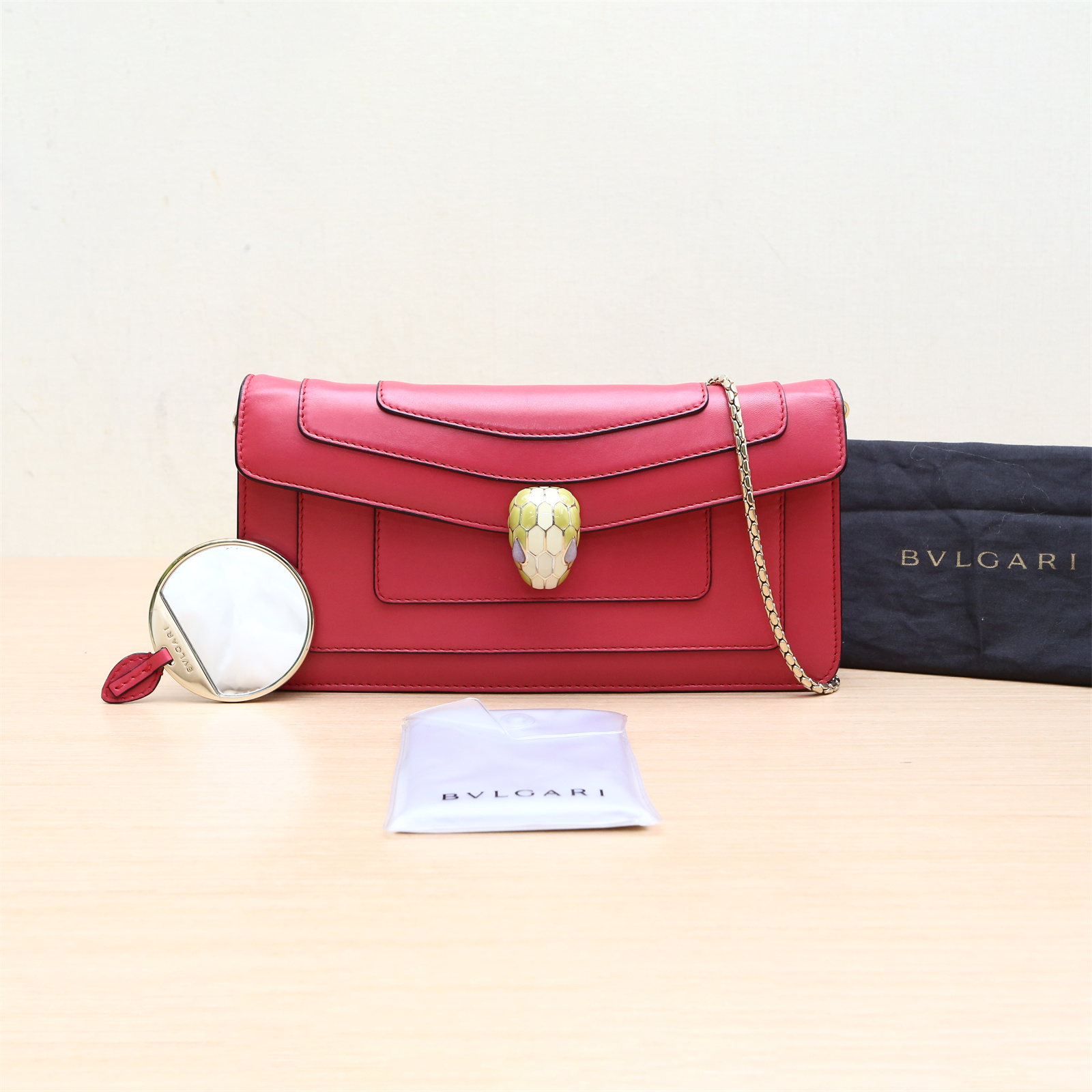 95新 BVLGARI/宝格丽 蛇头包 woc 25 玫红 皮革C P234553364