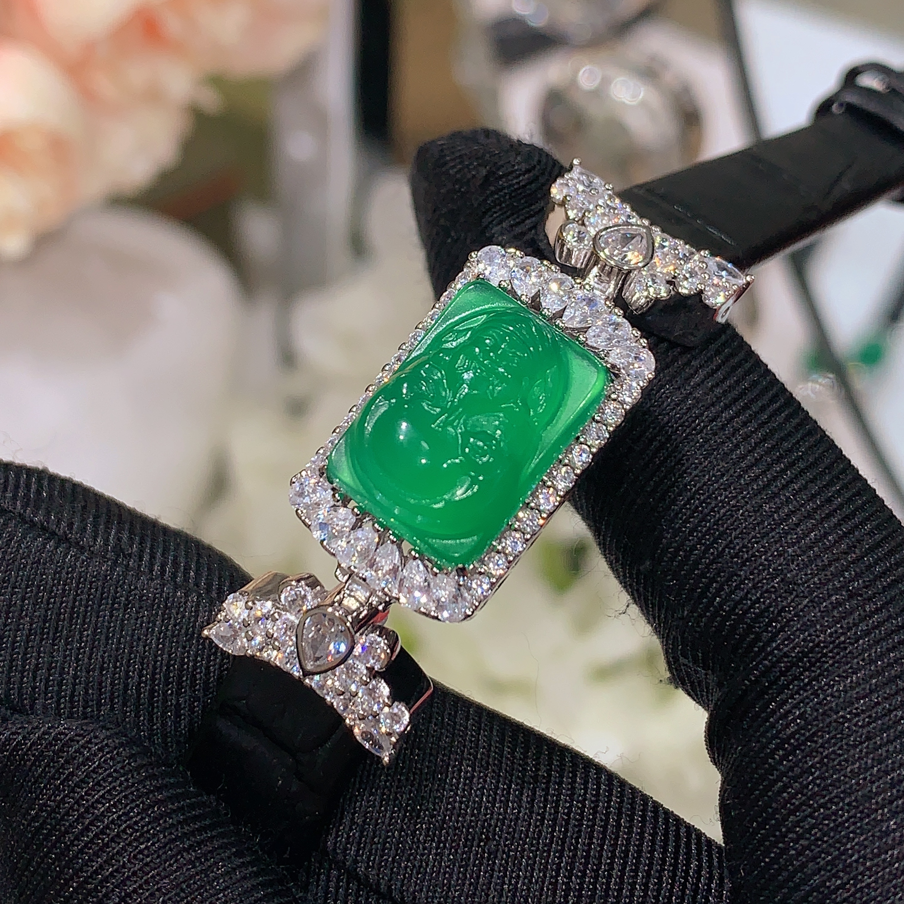 925银镶嵌天然绿玉髓财神牌手表带手牌S小众玉石百搭手饰