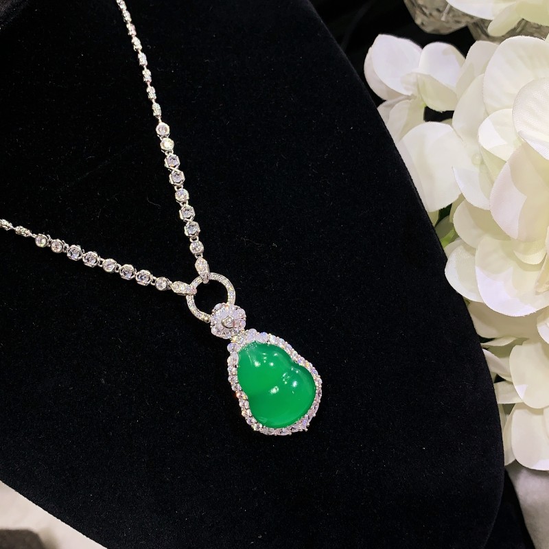 S925银镶嵌时尚百搭小众玉石福禄高档项链挂件天然绿玉髓葫芦吊坠