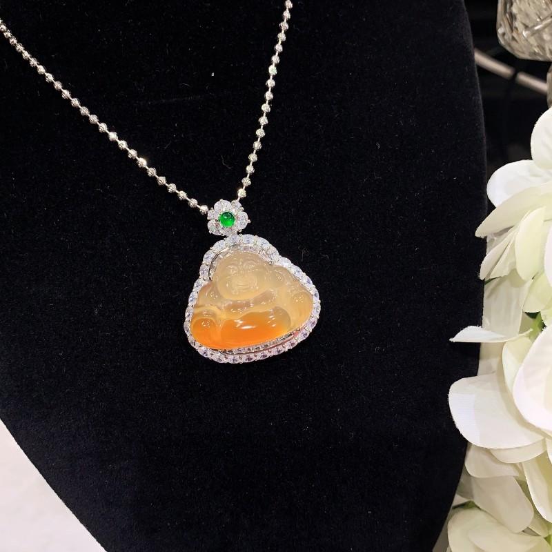 S925银镶嵌小众玉石弥勒佛时尚百搭大挂件天然渐变黄玉髓佛公吊坠