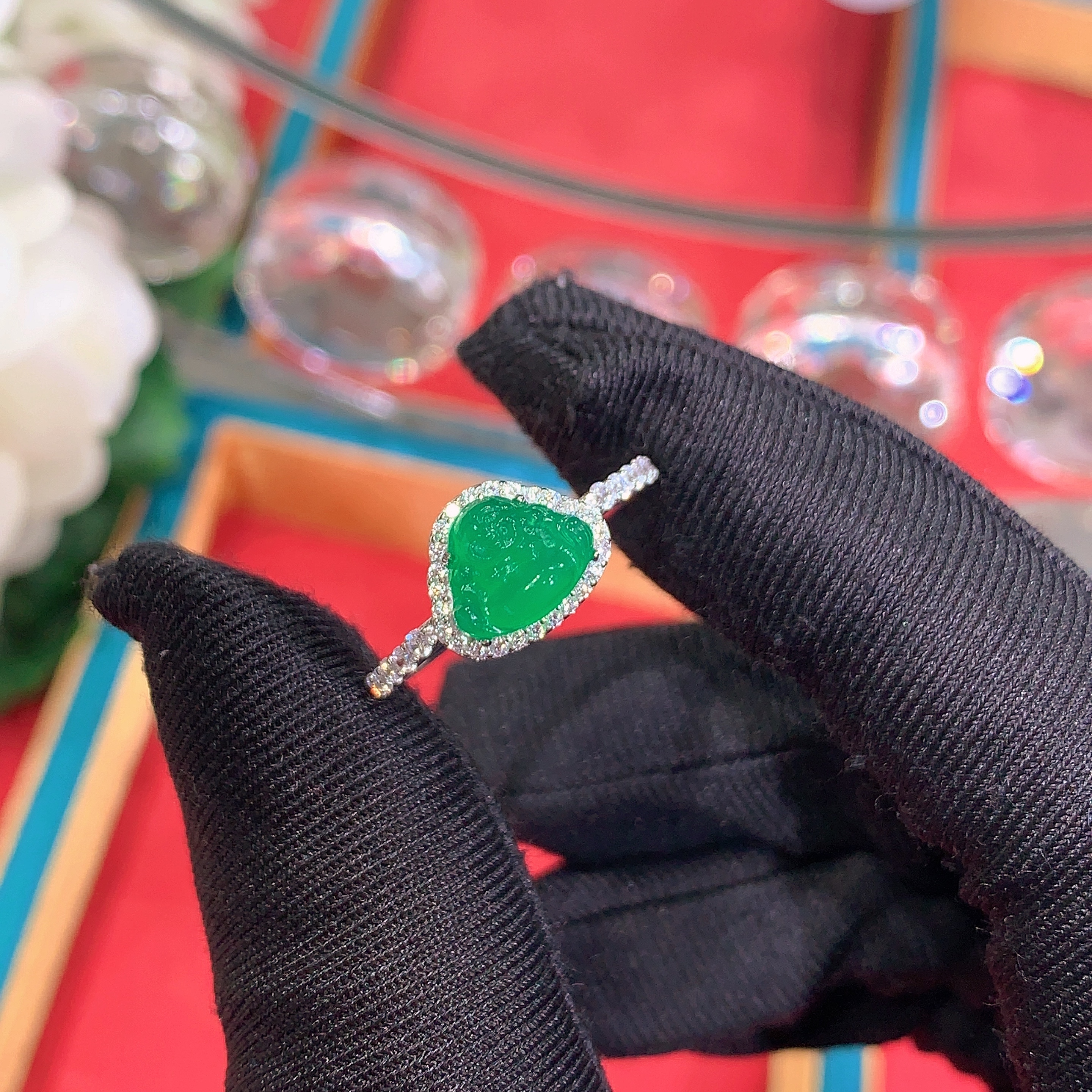 s925银镶嵌日常百搭新中式玉石弥勒佛戒圈天然绿玉髓迷你佛公戒指