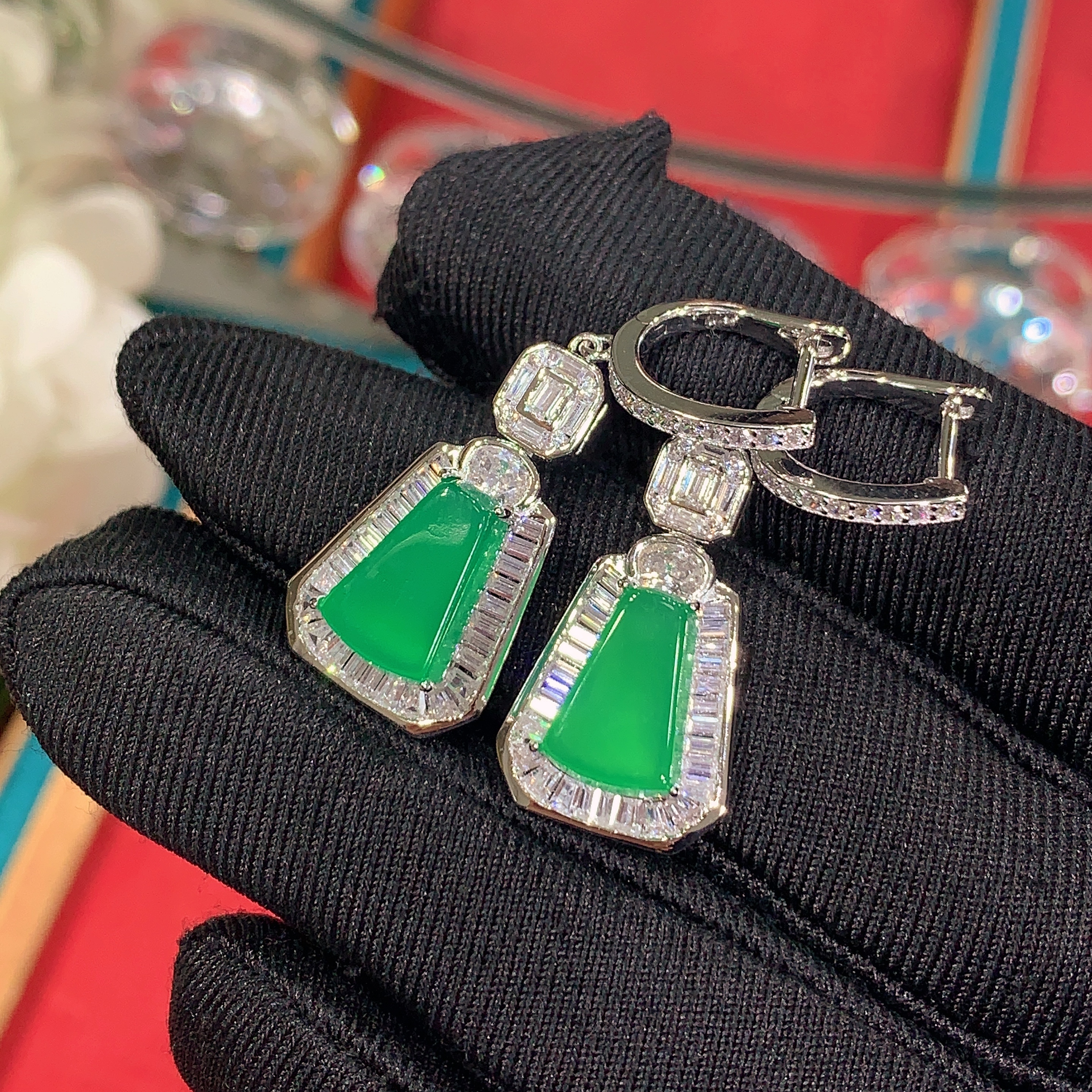 S925银镶嵌小众玉石时尚百搭耳饰天然绿玉髓无事牌耳坠轻奢首饰品