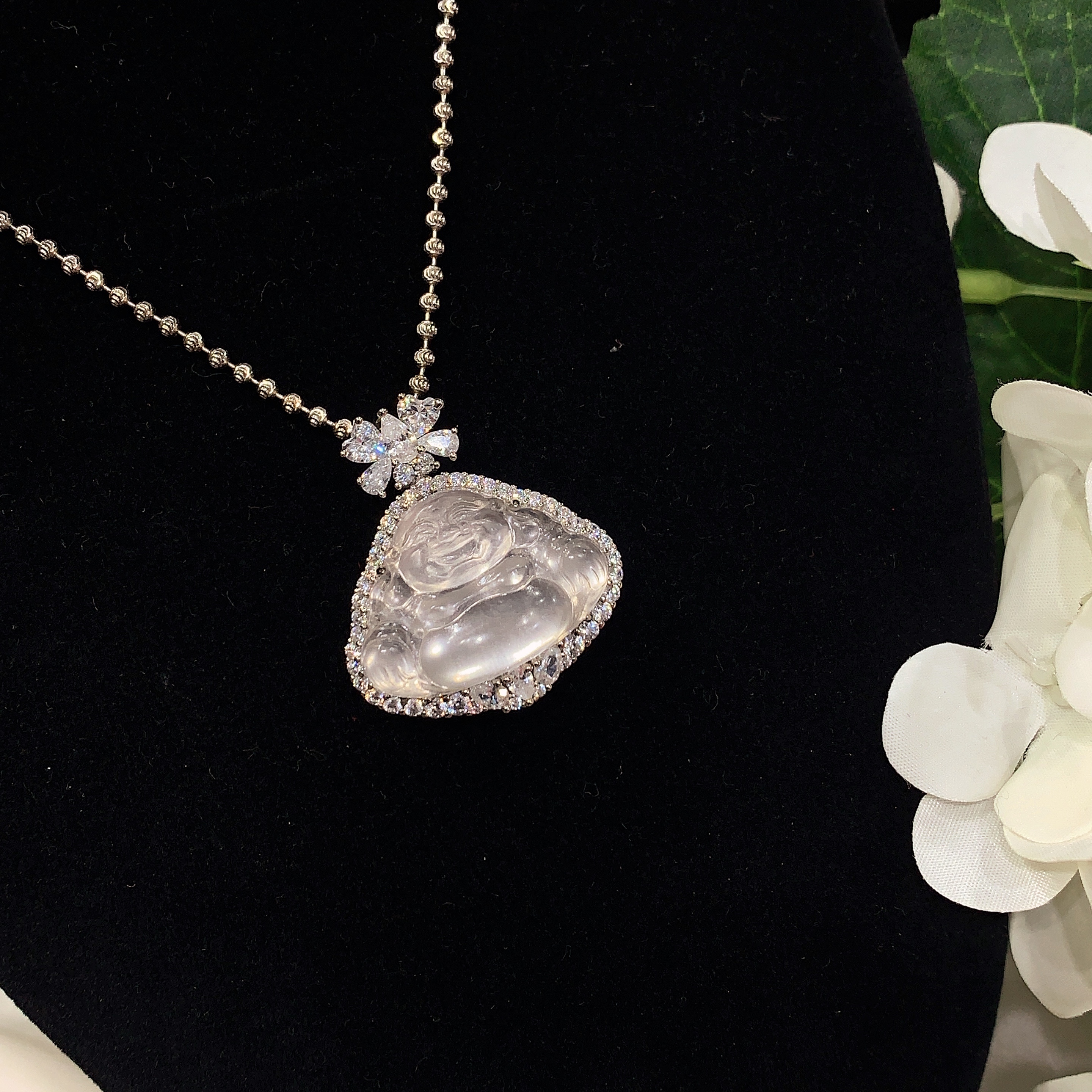 S925银镶嵌可拆卸后盖小众玉石弥勒佛吊坠天然石英质玉佛公小挂件