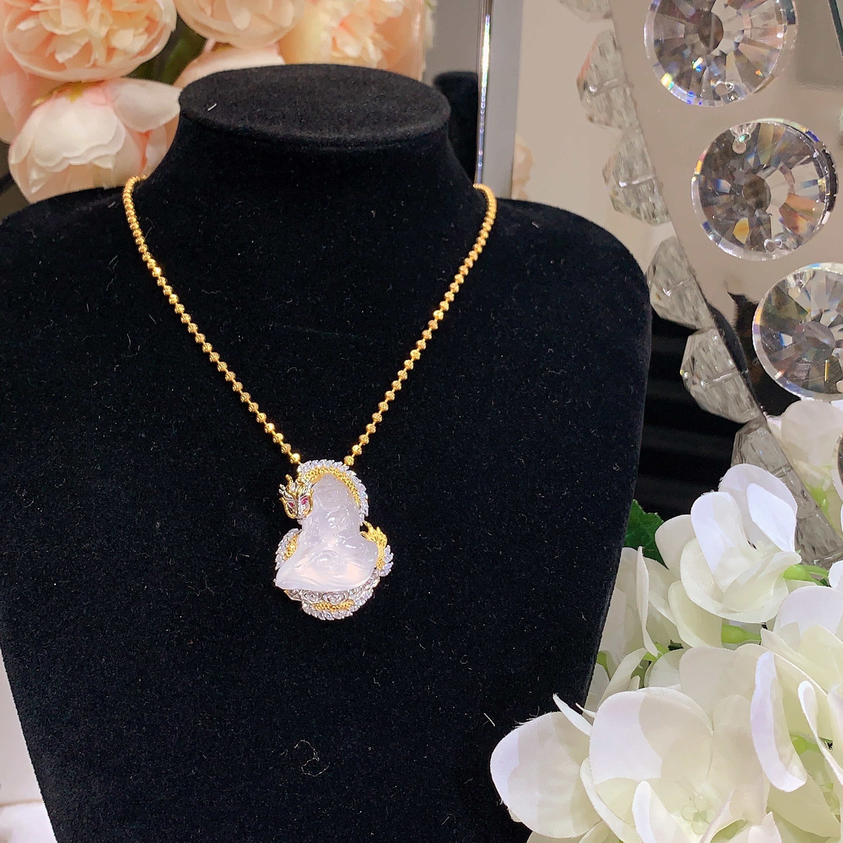 S925银镀金镶嵌时尚小众新中式国风挂件俄料石英质玉御龙观音吊坠