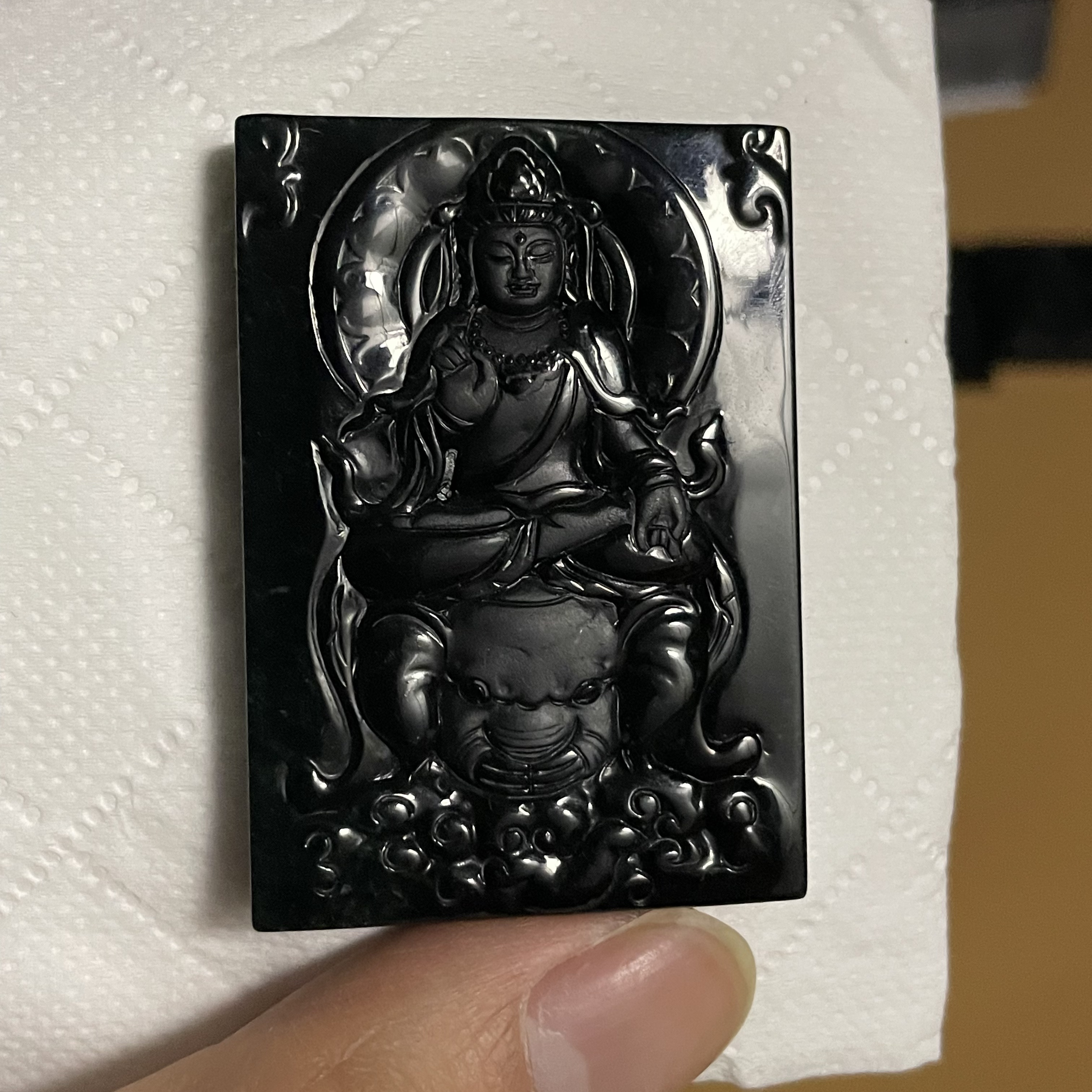 天然翡翠a货墨翠普贤菩萨吊坠