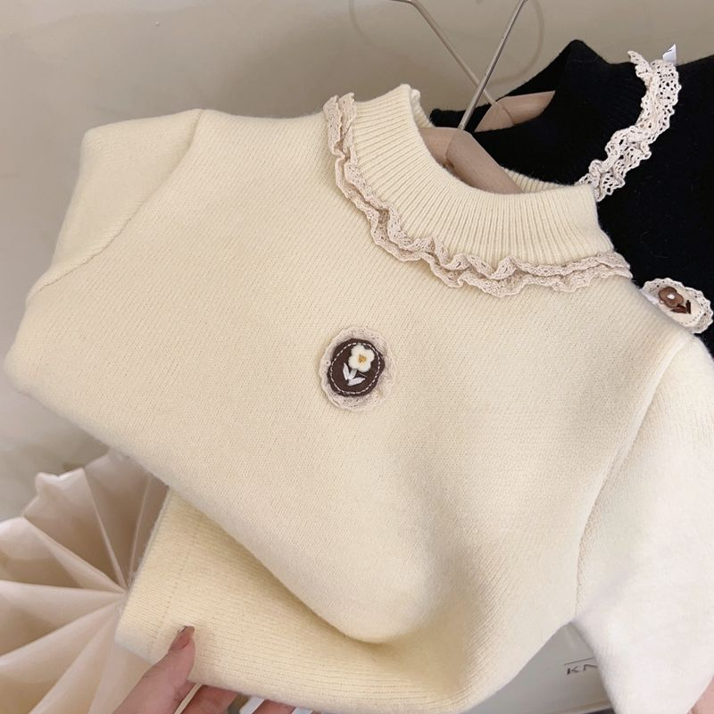 女童打底衫秋冬加绒加厚半高领女宝宝花朵针织长袖弹力套