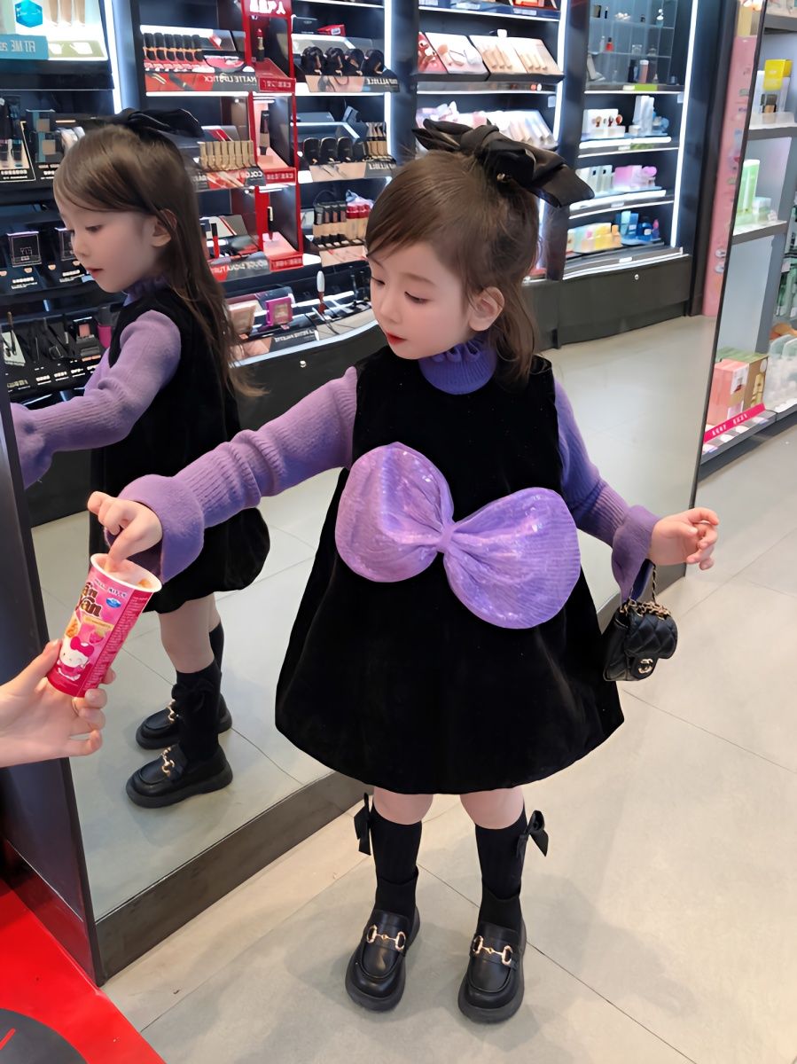 女童连衣裙新款秋冬加厚小童公主风女宝宝裙毛衣拼色背心裙套装洋