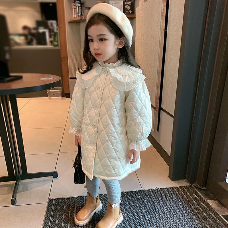女童花边领连衣裙2023新款女宝宝洋气保暖棉服裙中小童中长款棉衣