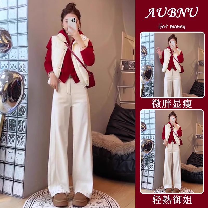 小个子一整套深秋初冬穿搭欧货慵懒软糯连帽毛衣棉服马甲三件套装