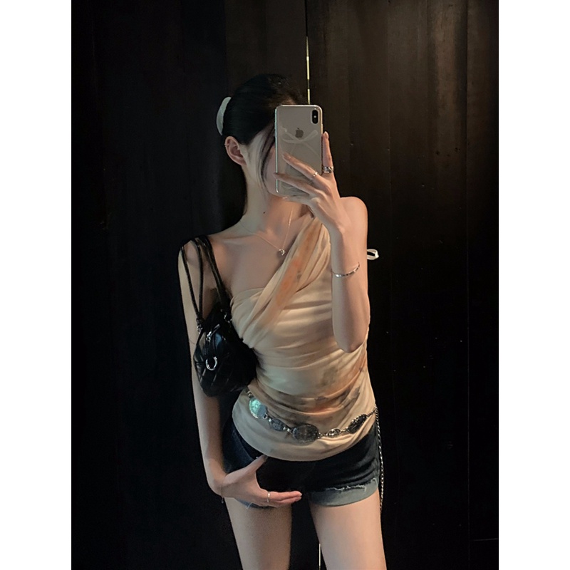 纯欲风网纱印花斜肩吊带背心收腰女新中式复古设计感修身百搭上衣