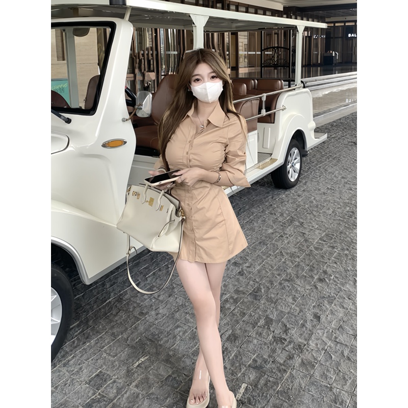御姐风气质收腰褶皱设计感翻领衬衫女夏季掐腰上衣中长款修身衬衣