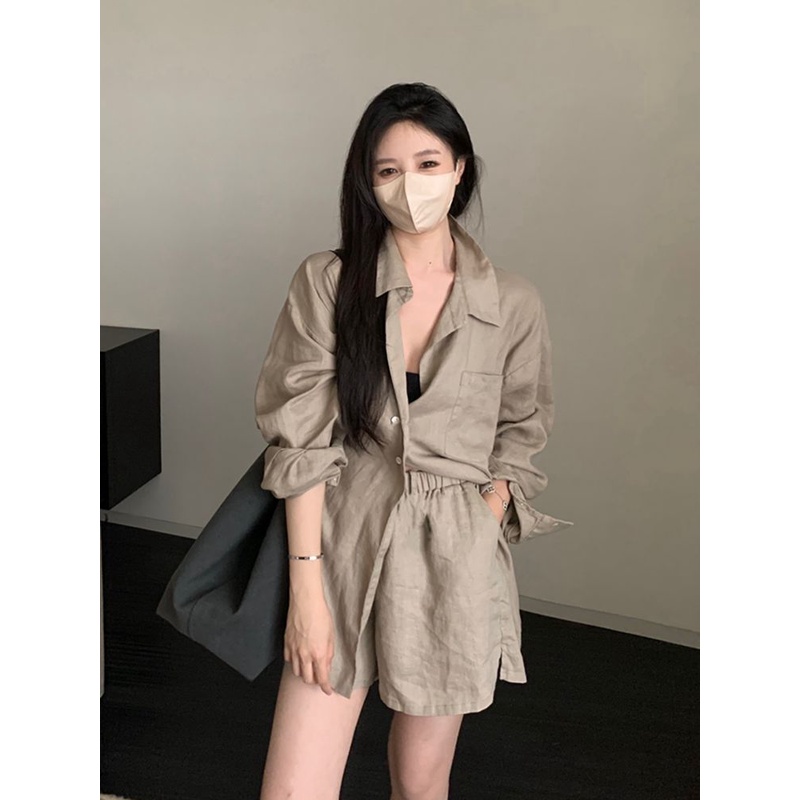 春夏新款法式慵懒随意休闲风套装女设计感宽松长袖衬衫短裤两件套