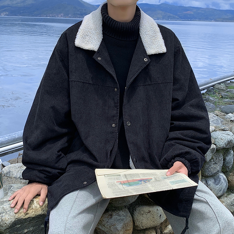 2023新款冬季新设计感灯芯绒翻领夹克男羊羔毛棉衣棉袄