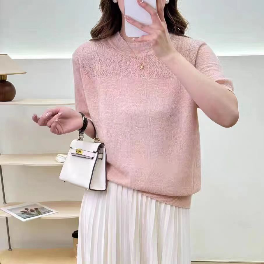 0120镂空提花针织短袖女夏新款时尚休闲圆领套头389