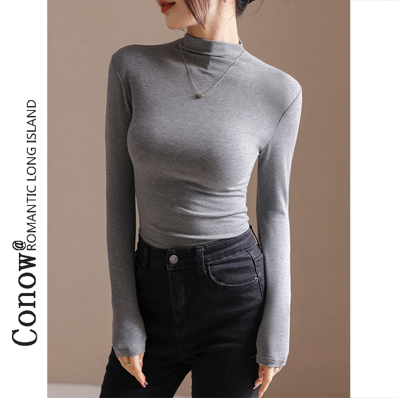 半高领设计感抽褶洋气保暖长袖女t恤秋冬新款修身加绒内搭打底衫