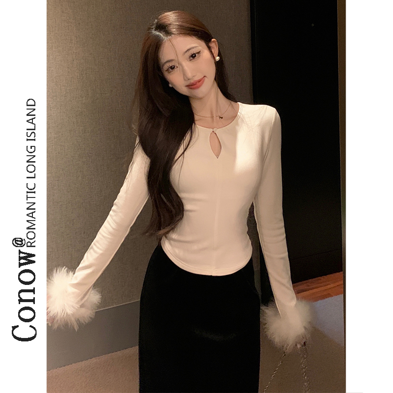 春秋新款磨毛打底衫女设计感袖口毛毛气质v领辣妹修身长袖t恤