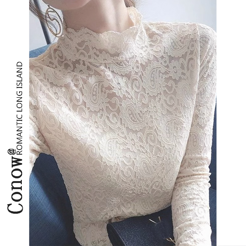 蕾丝打底衫女春秋新款镂空漂亮小衫欧货洋气法式内搭网纱上衣