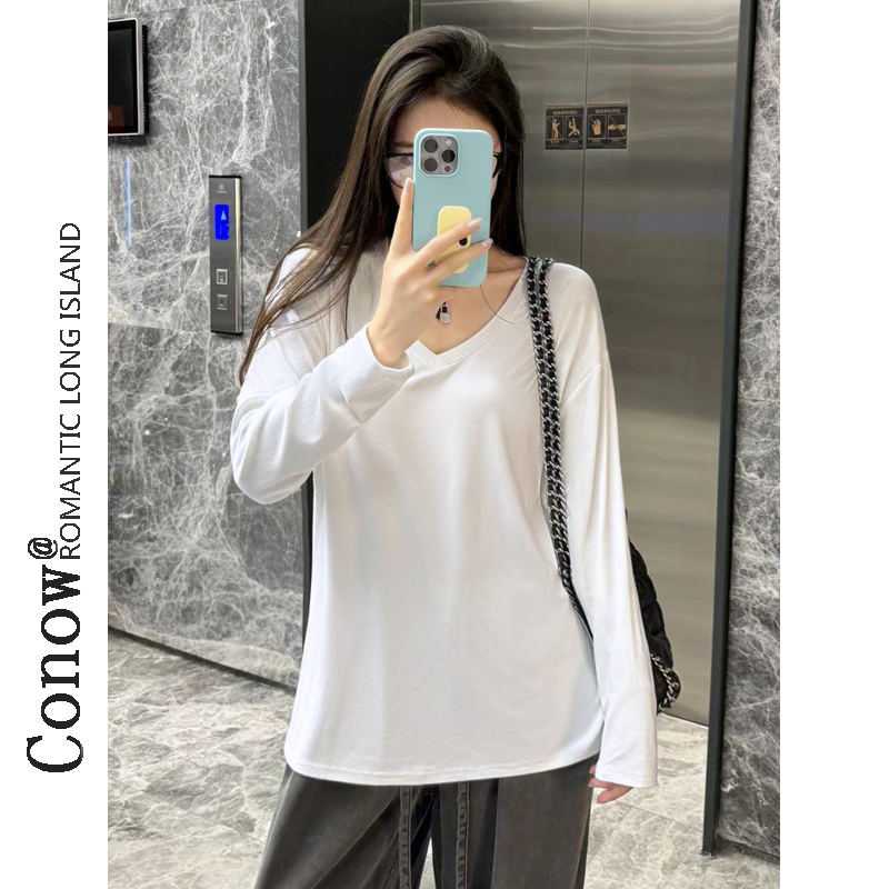 大版T恤早秋新款深V领男友风宽松慵懒中长款长袖纯色上衣女潮