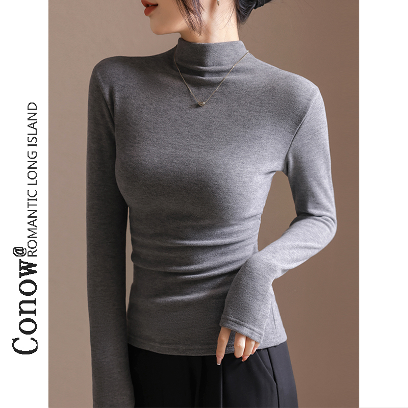 半高领秋冬新款加绒T恤女设计感抽褶修身保暖内搭磨毛打底衫