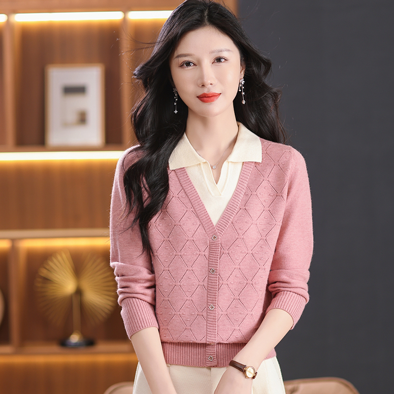 2025春秋新款假两件加厚针织衫上衣女洋气显瘦百搭翻领宽松打底衫