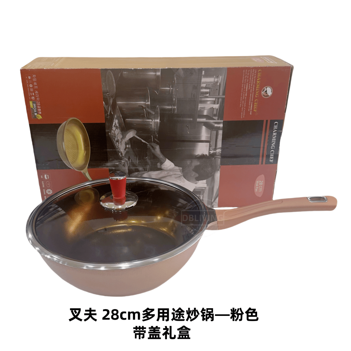 韩国进口叉夫新品28cm粉色炒锅不粘锅陶瓷釉平底锅