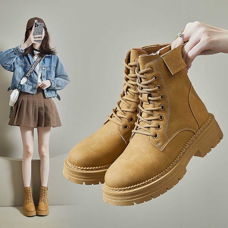 安踏流行潮马丁靴女2023秋季新款英伦休闲厚底增高学生系带机车靴