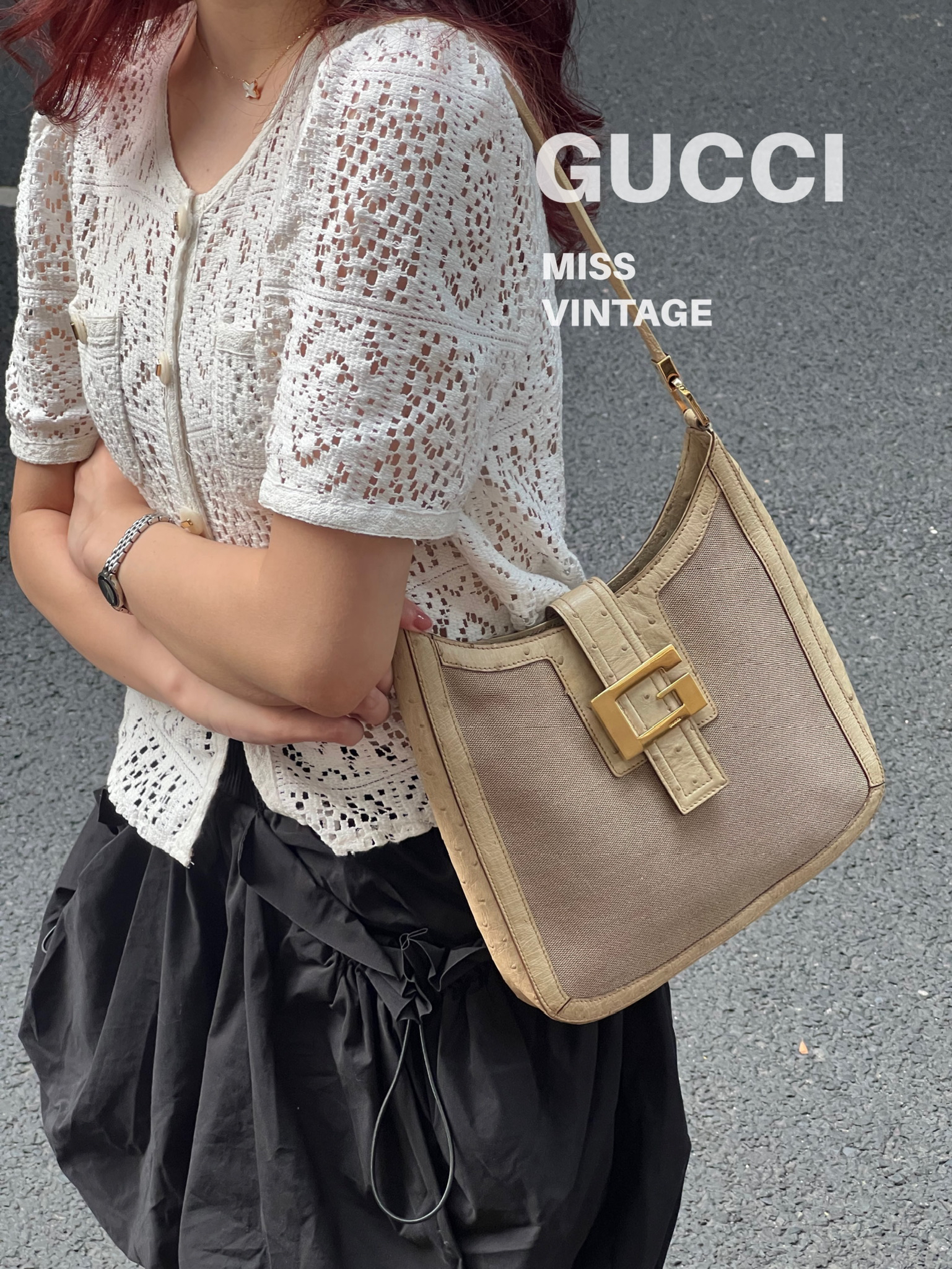 95新 GUCCI/古驰 觅时/鸵鸟皮方扣单肩/110390