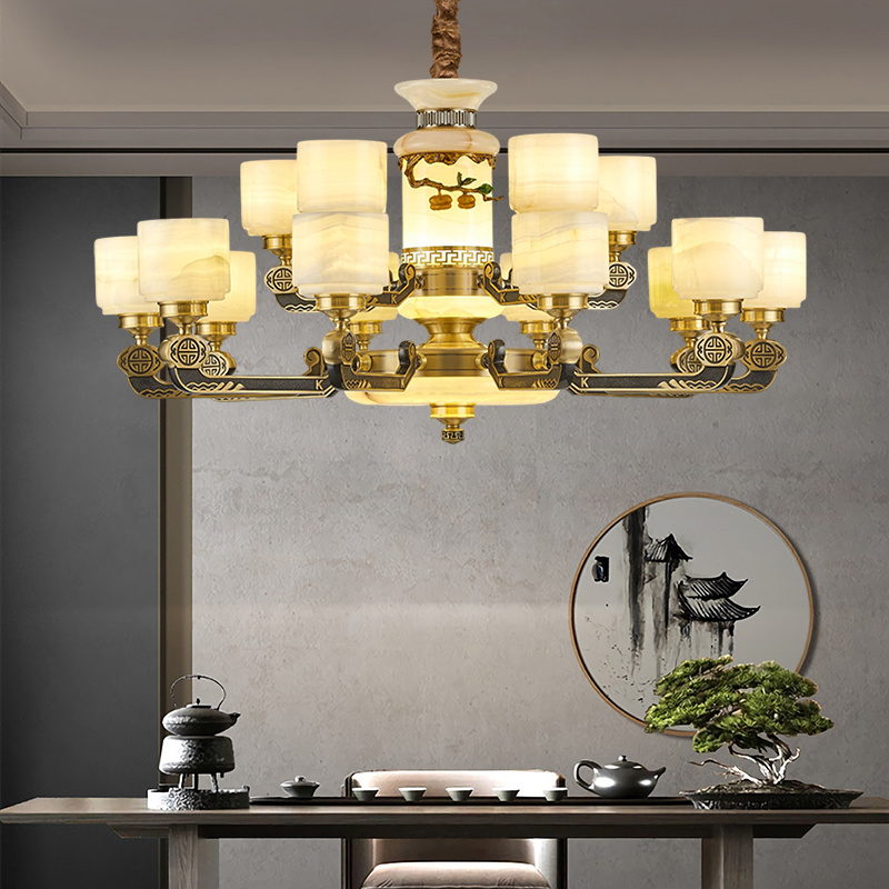 新中式餐厅复古全铜吊灯高档玉石客厅灯2023新款豪华大气大厅吊灯