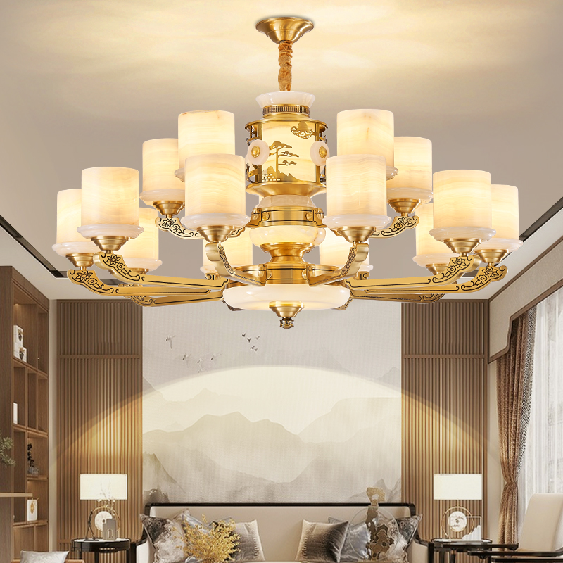 新中式别墅客厅吊灯家用全铜玉石灯餐厅客厅大灯