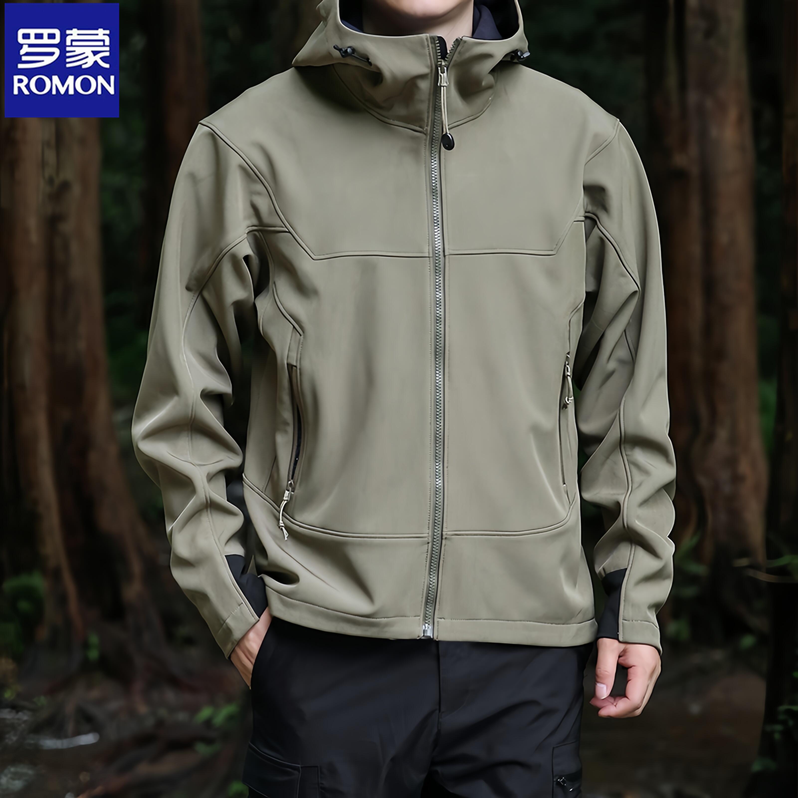Romon/罗蒙男士冲锋衣加绒保暖秋冬季户外防风防水夹克连帽外套潮