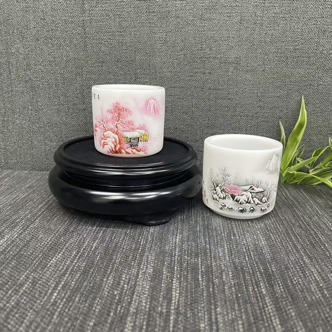 功夫画匠冰种玉瓷精选雪景家用主人杯品茗杯名窑釉上彩手绘山水杯