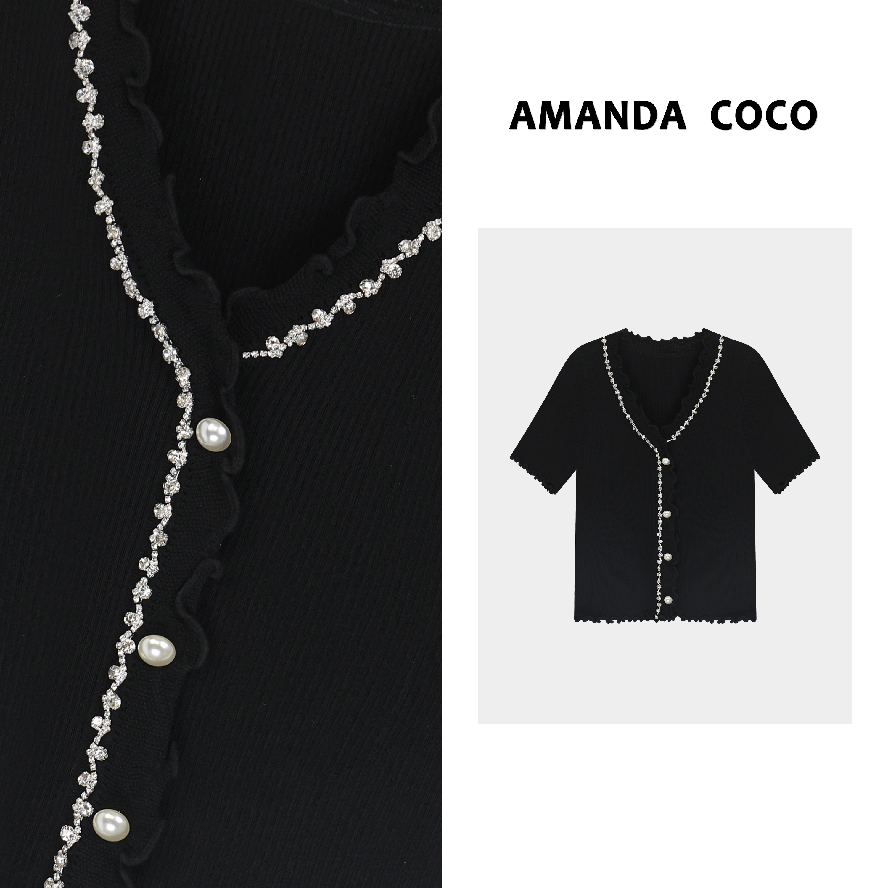AMANDACOCO 莫莫 | 设计师款~法式优雅~高定气质串钻针织上衣