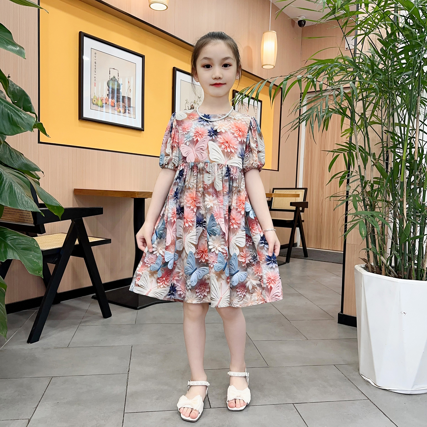女童连衣裙2025夏季新款3D印花碎花裙透气裙子泡泡袖儿童公主裙子