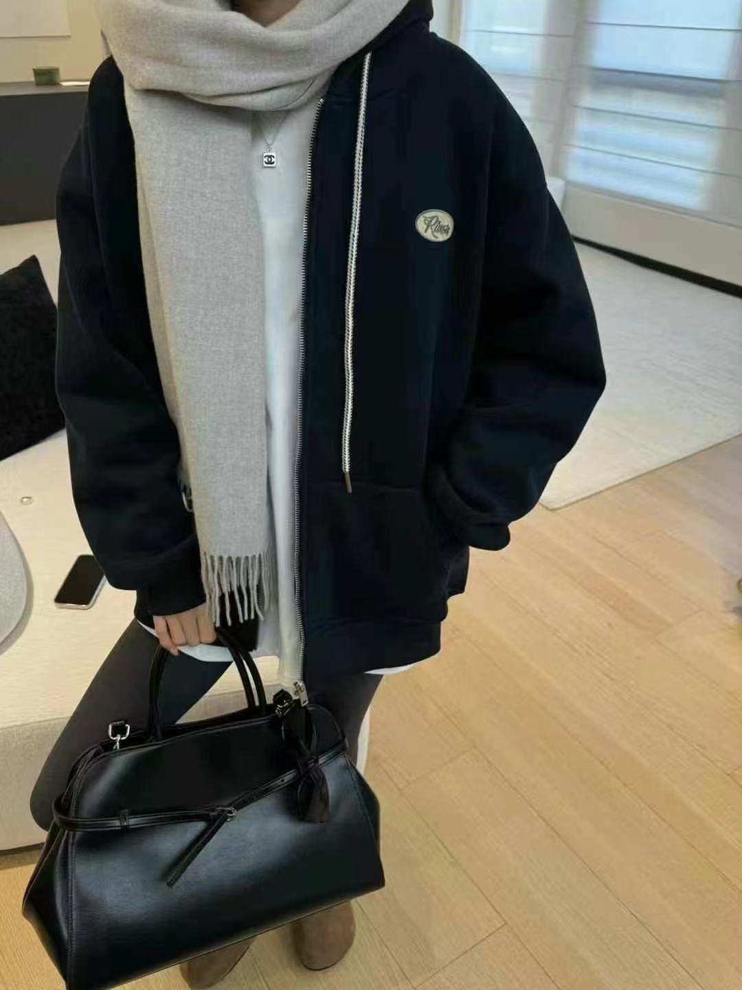 加绒带帽休闲款卫衣外套2024冬装新款中长款刺绣韩系灰色拉链开衫