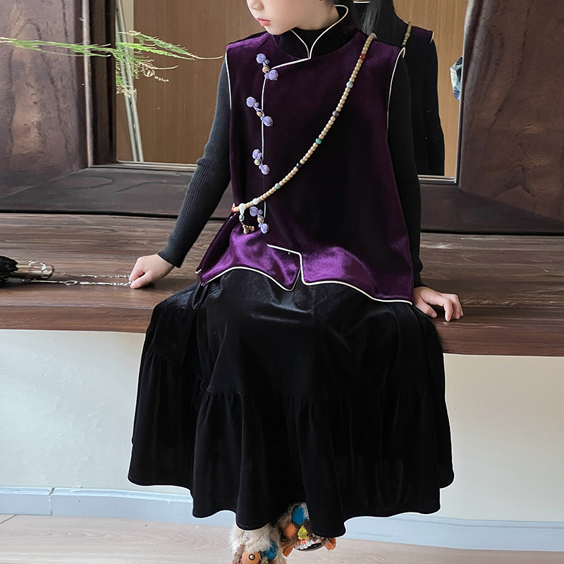 彩虹朵朵女童秋冬新中式丝绒马甲儿童国风高级感加绒唐装坎肩背心