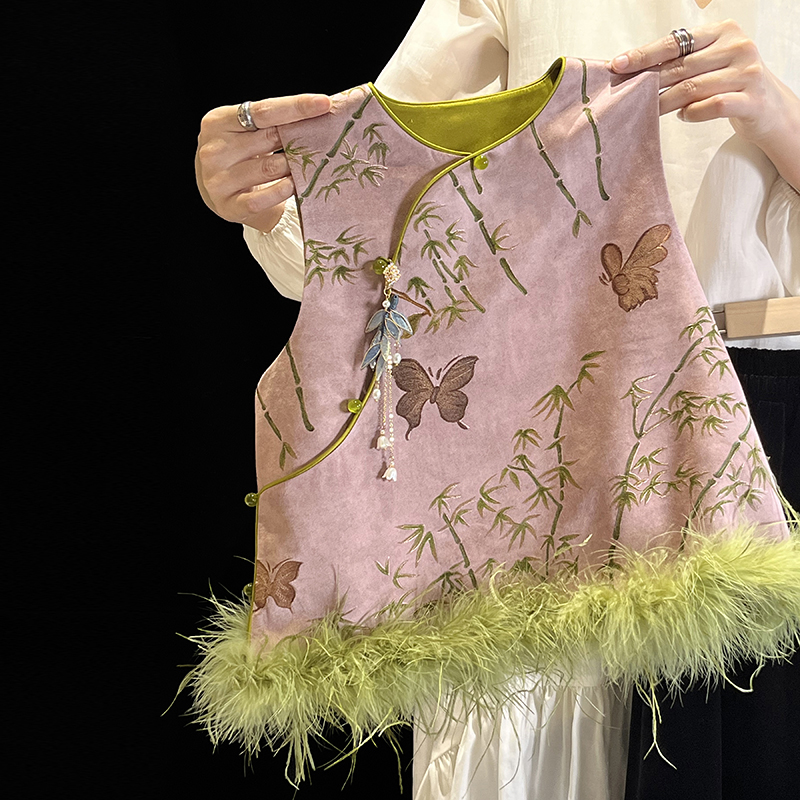 彩虹朵朵2024早春女童竹叶提花新中式马甲鸵鸟毛可拆卸唐装背心