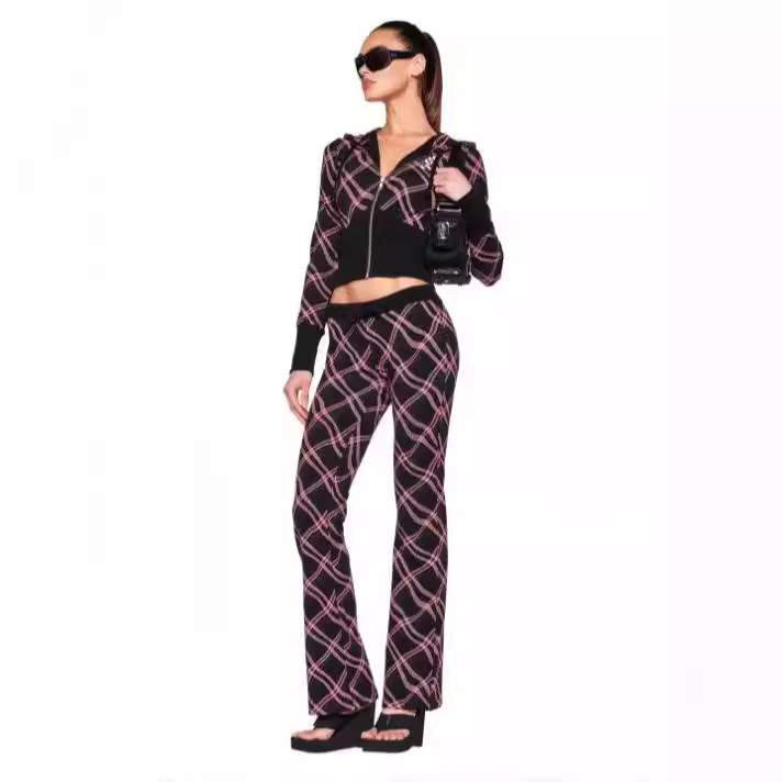 IAMGIA美式复古波浪格纹刺绣甜辣芭比条纹格子长袖连帽外套休闲裤