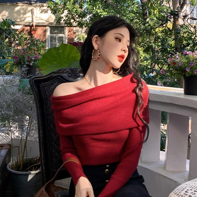 法式chic气质温柔一字肩针织衫女秋季修身显瘦高级感褶皱露肩上衣