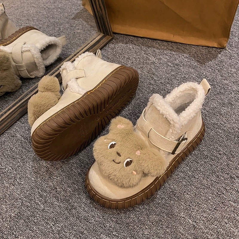加厚加绒防滑百搭可爱小熊雪地靴女款勃肯鞋一脚蹬保暖东北大棉鞋