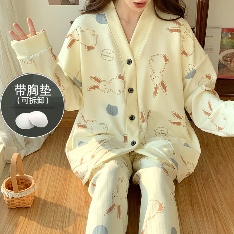 春秋宽松家新款超大码300斤可爱睡衣女带胸垫居服200休闲长袖套装
