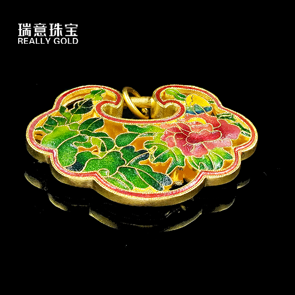 【掐丝錾刻牡丹如意】足金999高温烧蓝【吊坠】【黄金首饰】