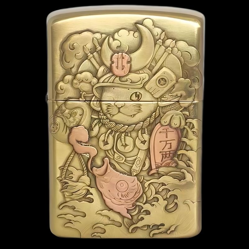 打火机浮雕【镶嵌招米猫】-纯铜打火机-902S盔甲火机正品