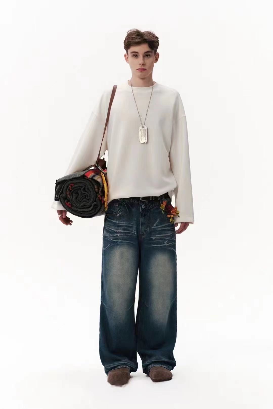 无品牌时尚卫衣青春男士长袖休闲百搭宽松牛仔直筒情侣纯色设计师